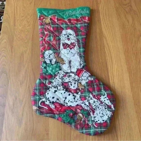 Vtg Christmas Stocking “Nicholaus” Dog Themed - Picture 1 of 5
